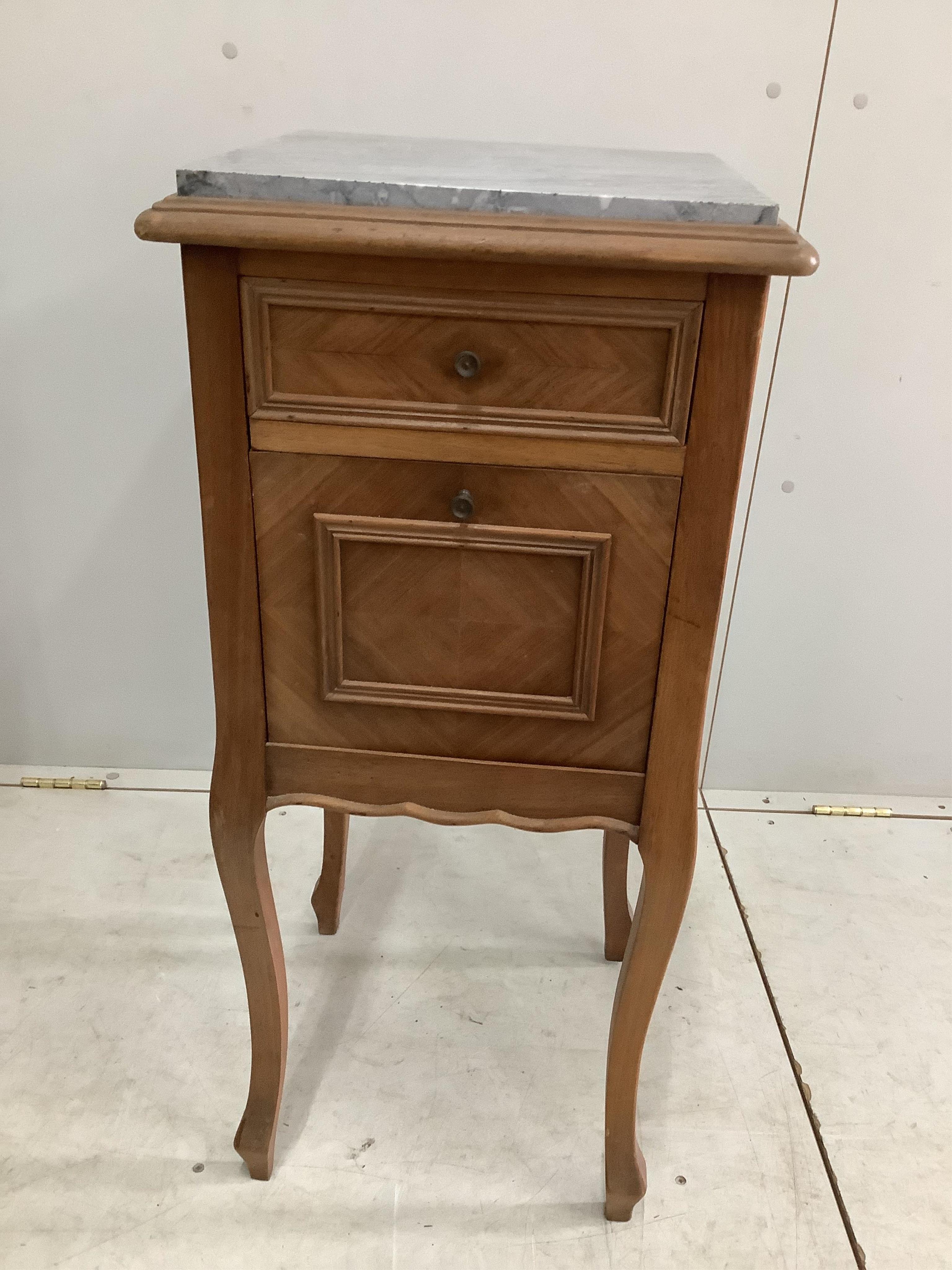 A pair of French marble top walnut bedside cabinets, width 38cm, depth 38cm, height 85cm. Condition - fair to good